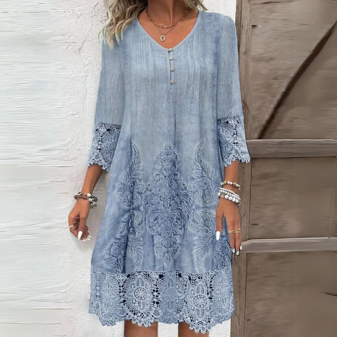 Lace Trim Embroidered Boho Button V-Neck Casual Midi Dress
