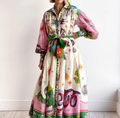 Graphic Print Balloon Sleeve Belted Shirt Maxi Dress