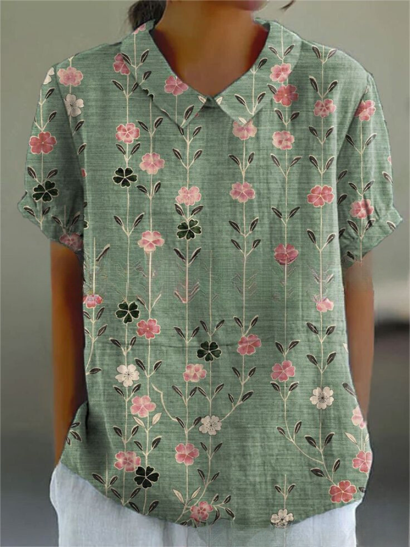 Embroidered Floral Vine Peter Pan Collar Linen Blouse