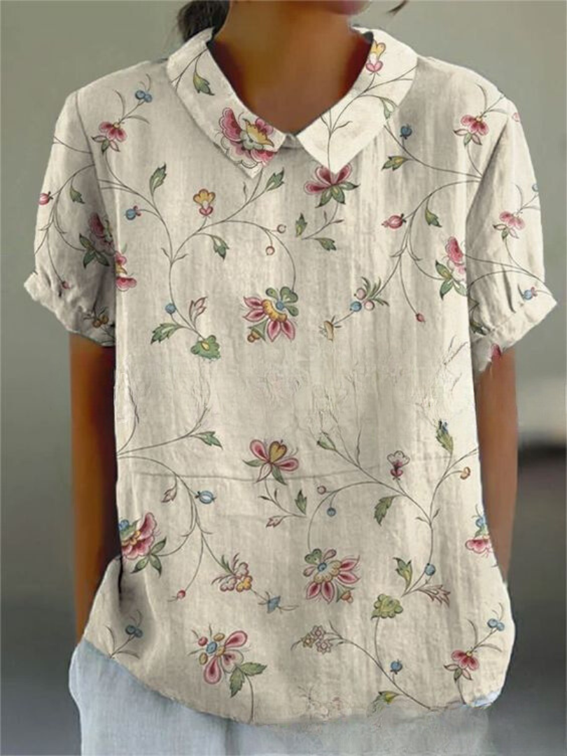 Embroidered Floral Vine Peter Pan Collar Linen Blouse