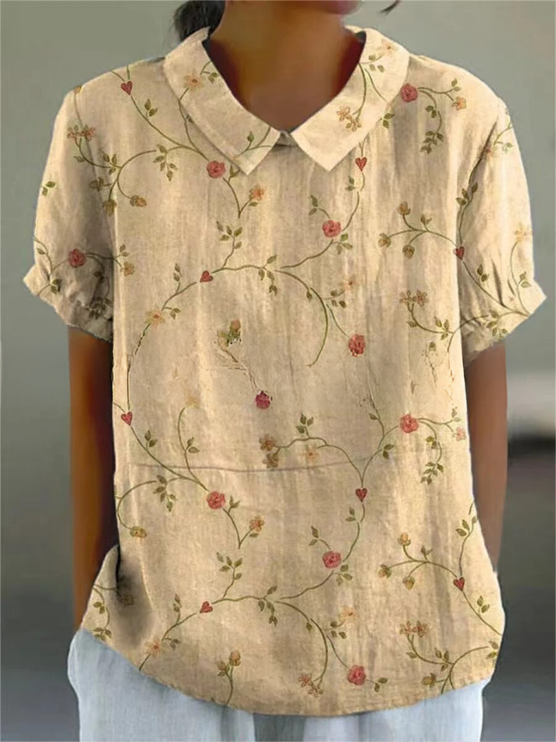 Embroidered Floral Vine Peter Pan Collar Linen Blouse