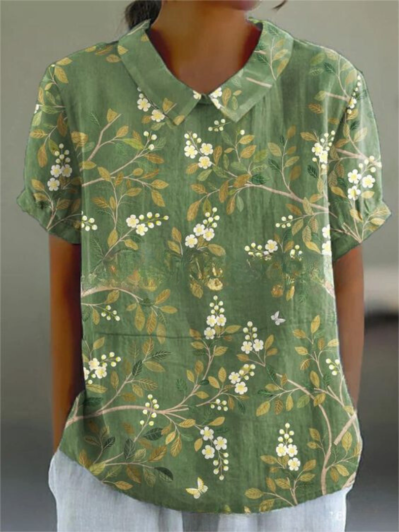 Embroidered Floral Vine Peter Pan Collar Linen Blouse