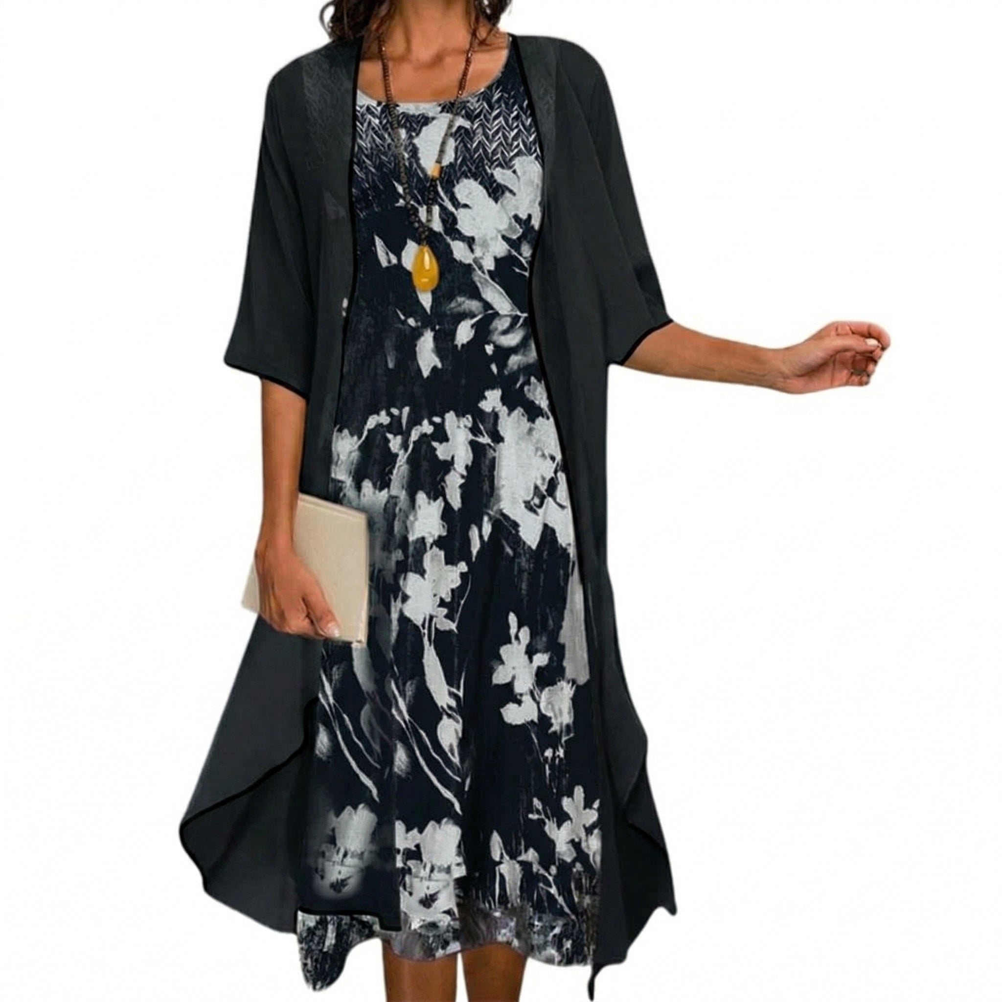 Watercolour Floral Midi Dress Chiffon Jacket Two Piece Set