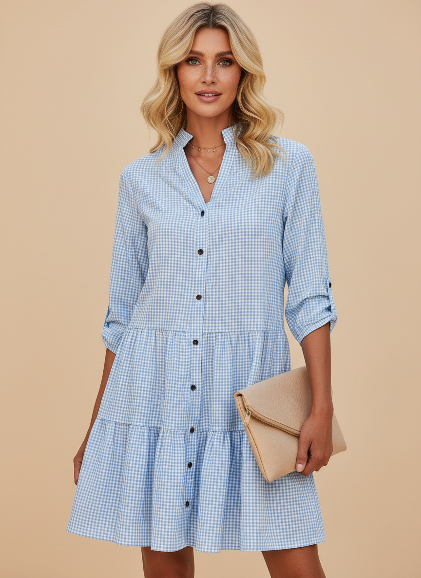 Gingham Check Tiered Button Front Shirt Mini Dress