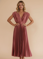 Pleated Satin Deep V-Neck Cap Sleeve Midi Dress - Wedding Guest