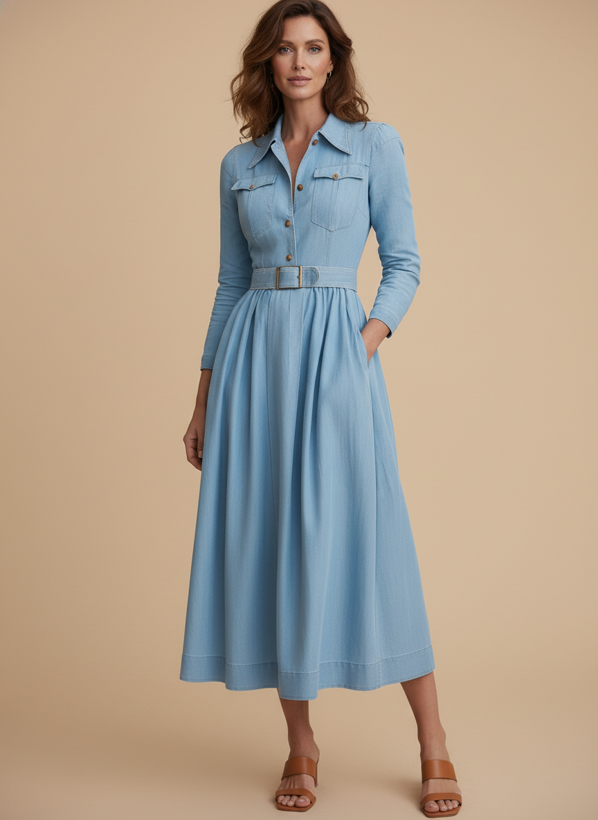 Belted Long Sleeve Fit Flare Denim Shirt Midi Dress