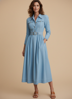 Belted Long Sleeve Fit Flare Denim Shirt Midi Dress