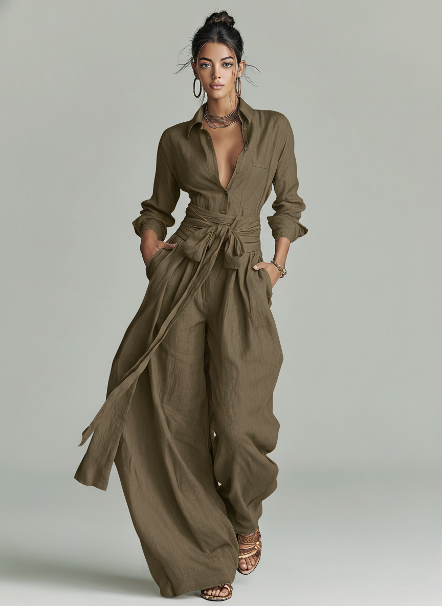 Long Sleeve Shirt Collar Tie Waist Wide Leg Linen Jumpsuit