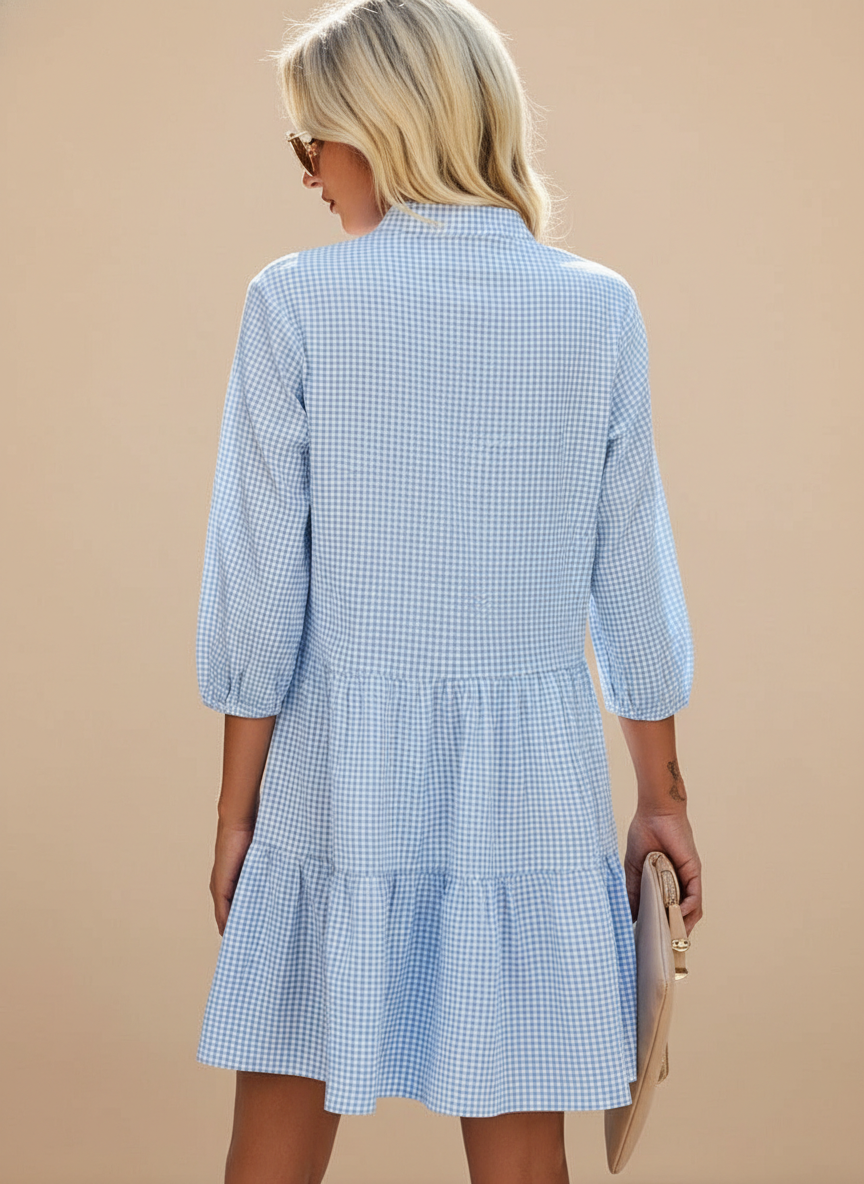 Gingham Check Tiered Button Front Shirt Mini Dress