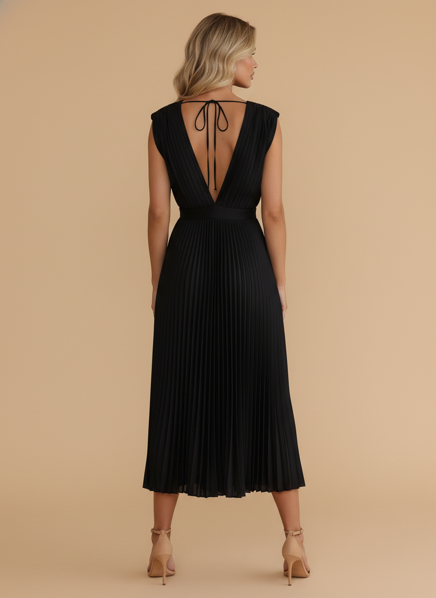 Pleated Satin Deep V-Neck Cap Sleeve Midi Dress - Wedding Guest
