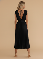 Pleated Satin Deep V-Neck Cap Sleeve Midi Dress - Wedding Guest