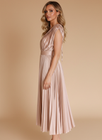 Pleated Satin Deep V-Neck Cap Sleeve Midi Dress - Wedding Guest