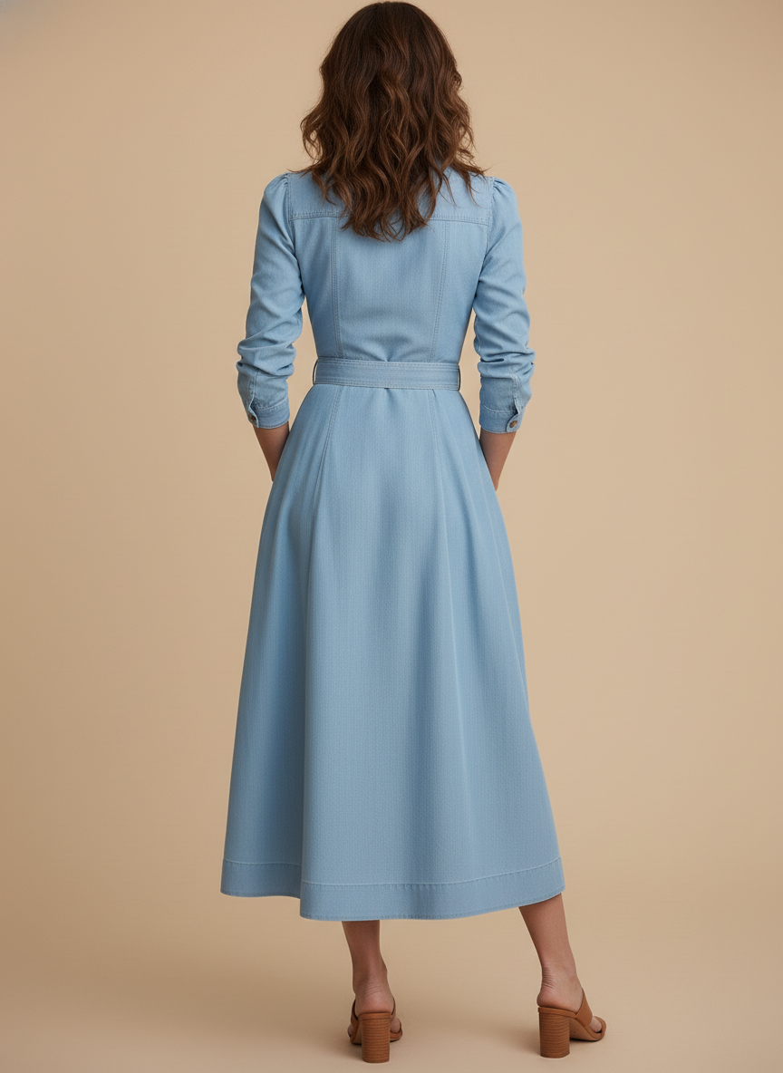 Belted Long Sleeve Fit Flare Denim Shirt Midi Dress