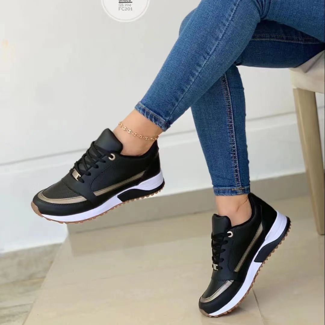 Gold Trim Lace Up Leather Casual Platform Sneaker