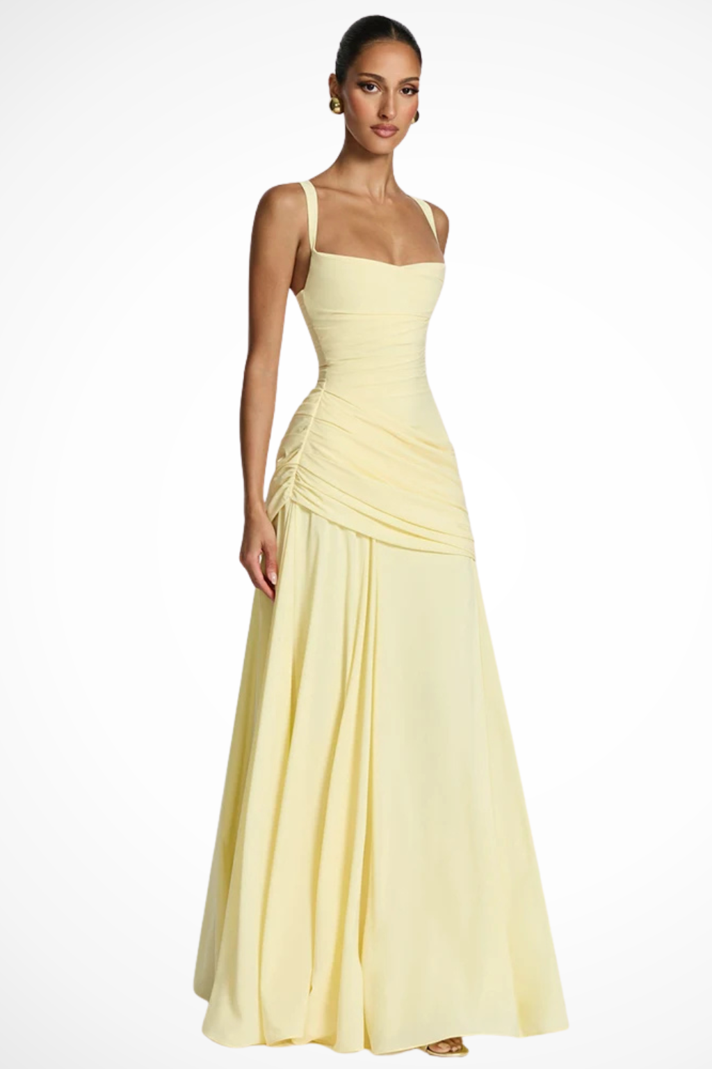Square Neck Ruched A Line Chiffon Maxi Dress - Formal Evening Gown