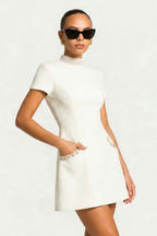 Pearl Trim Tweed Short Sleeve Fitted Bodycon Mini Dress