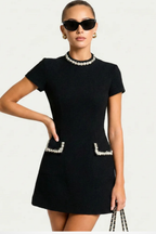 Pearl Trim Tweed Short Sleeve Fitted Bodycon Mini Dress