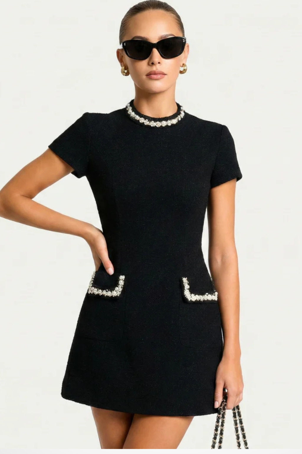 Pearl Trim Tweed Short Sleeve Fitted Bodycon Mini Dress