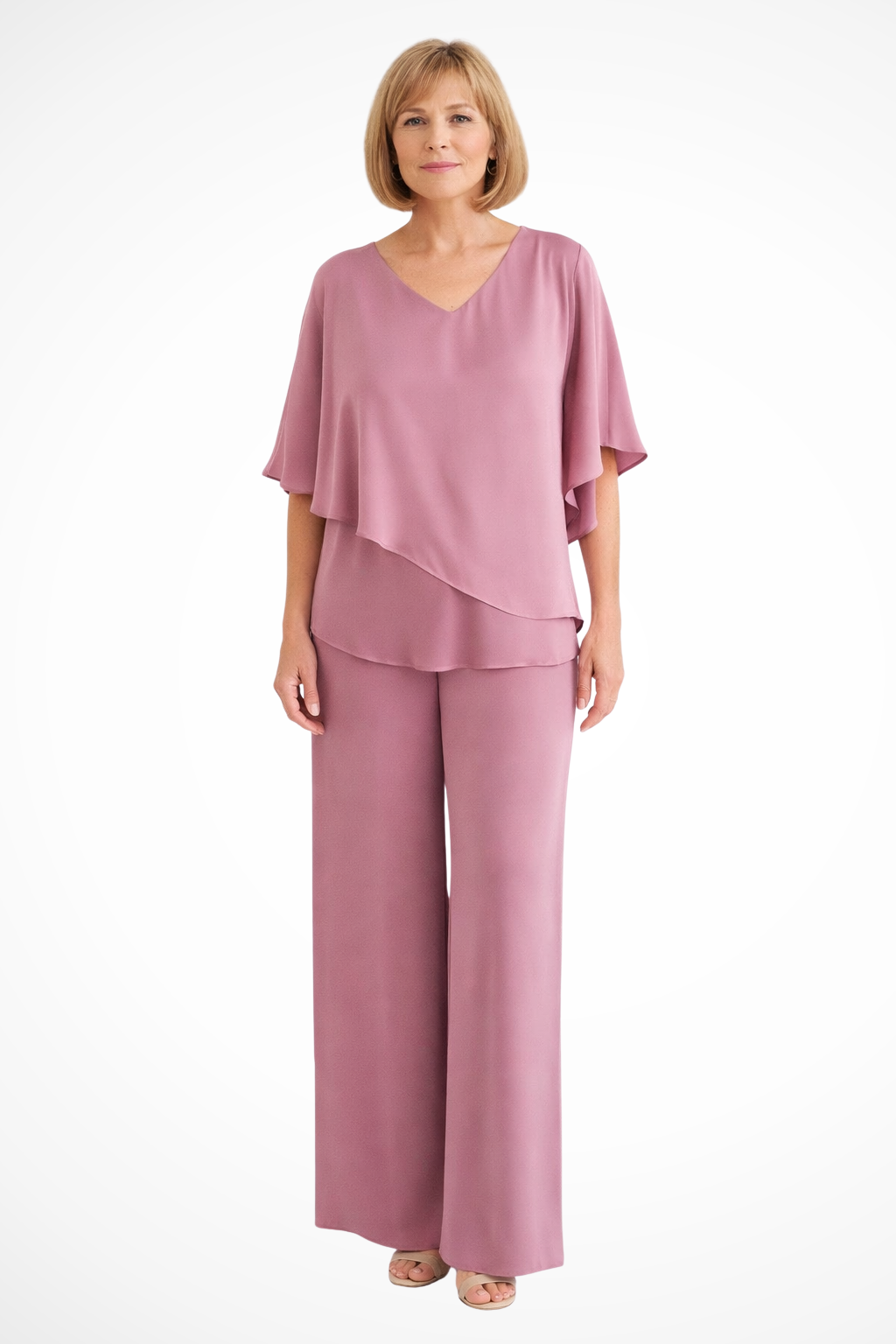 Chiffon Cape V-Neck Top & Wide Leg Trouser Two Piece Set