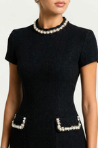Pearl Trim Tweed Short Sleeve Fitted Bodycon Mini Dress