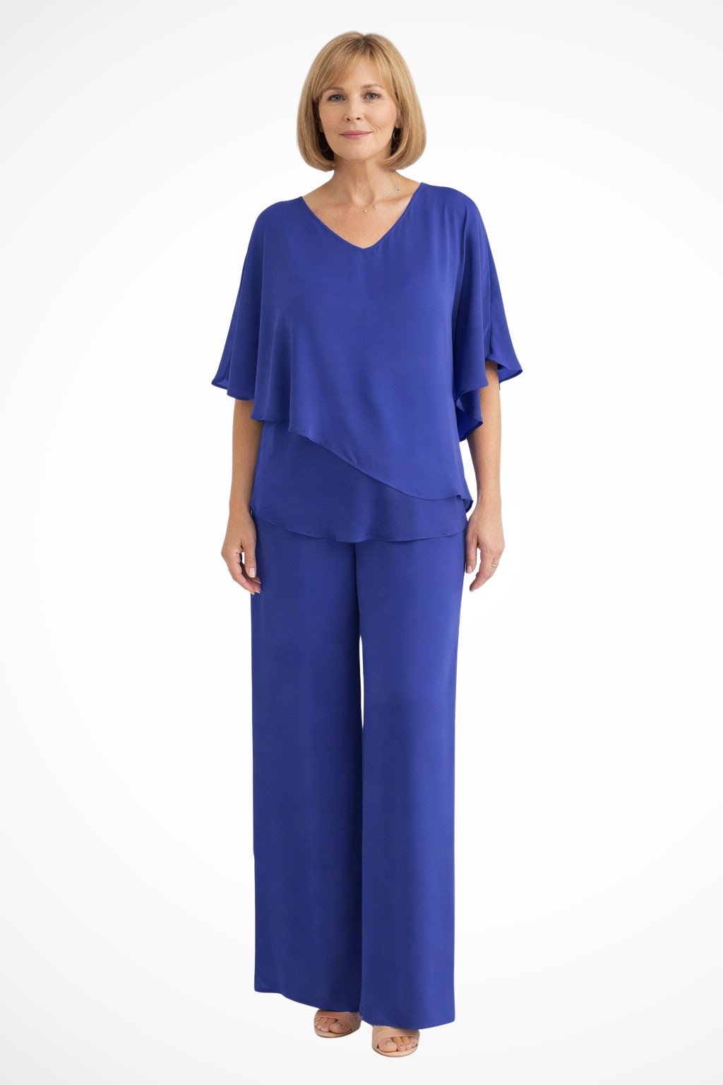 Chiffon Cape V-Neck Top & Wide Leg Trouser Two Piece Set