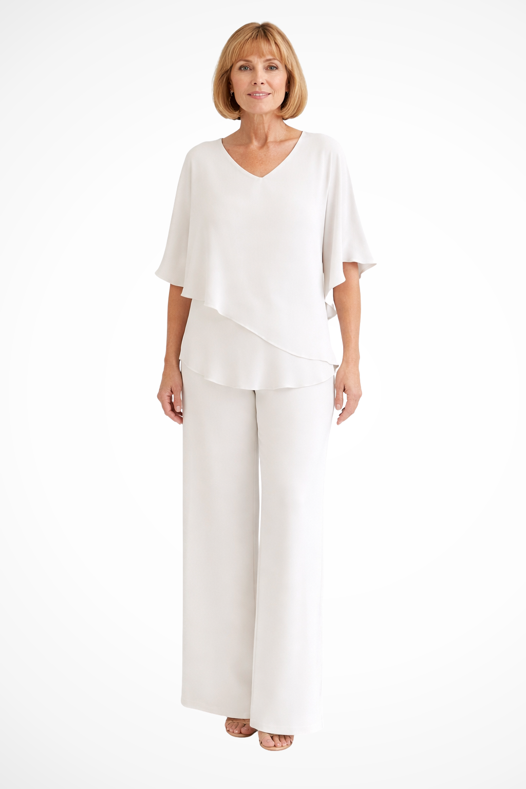 Chiffon Cape V-Neck Top & Wide Leg Trouser Two Piece Set