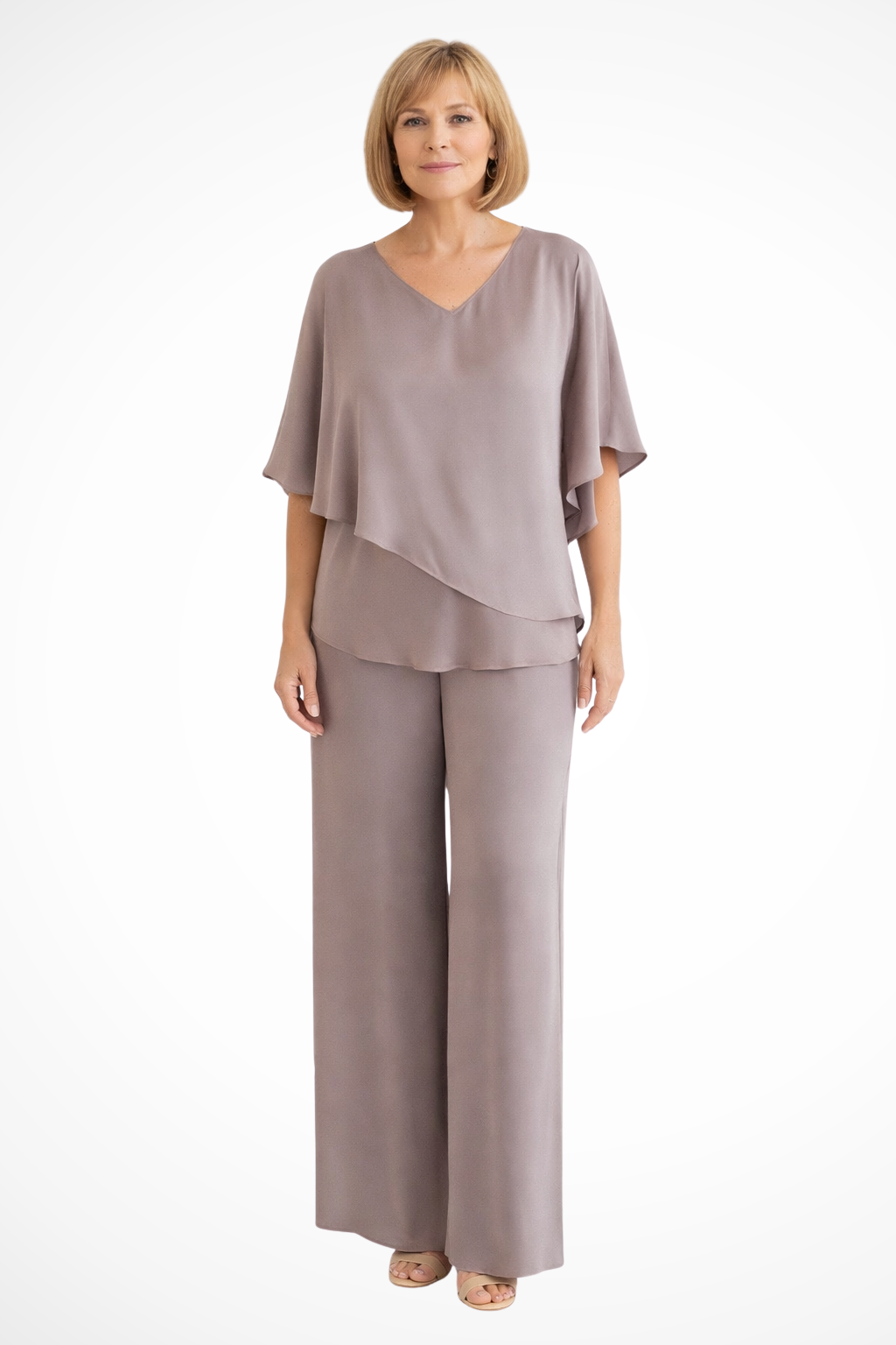 Chiffon Cape V-Neck Top & Wide Leg Trouser Two Piece Set