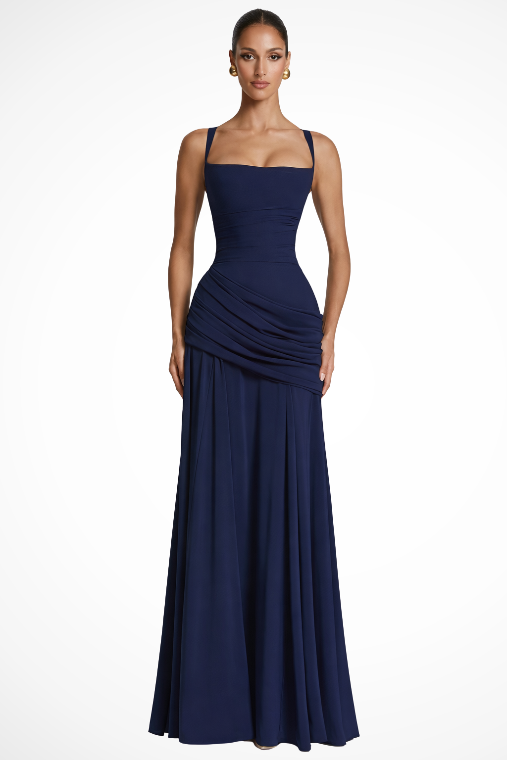 Square Neck Ruched A Line Chiffon Maxi Dress - Formal Evening Gown