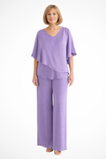 Chiffon Cape V-Neck Top & Wide Leg Trouser Two Piece Set