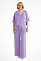 Chiffon Cape V-Neck Top & Wide Leg Trouser Two Piece Set