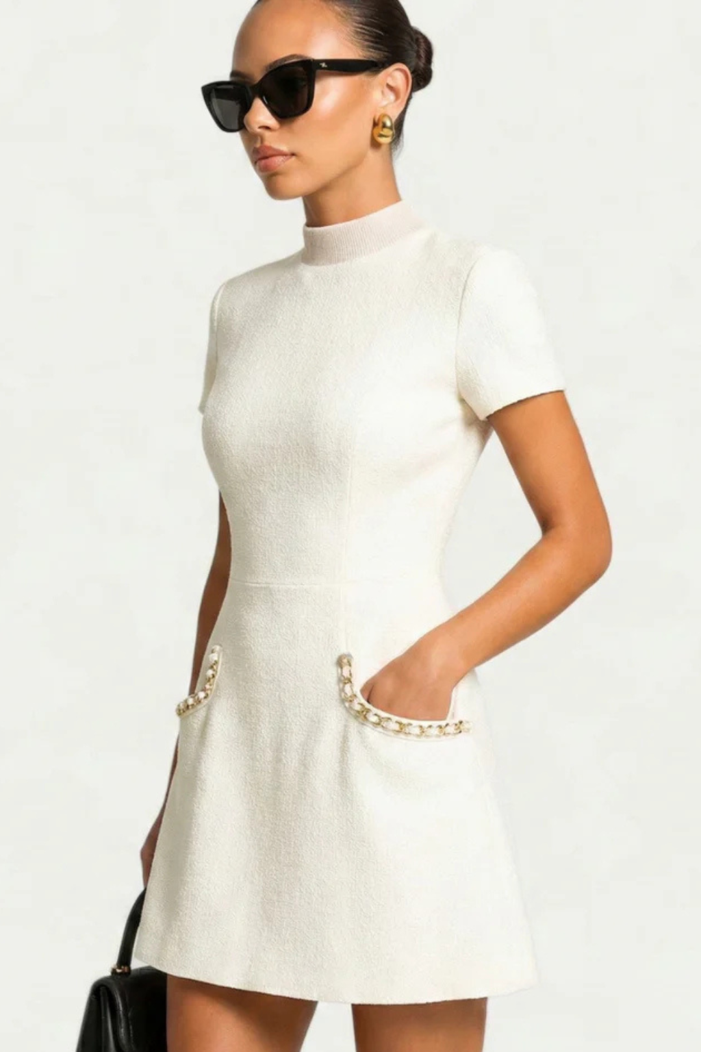Pearl Trim Tweed Short Sleeve Fitted Bodycon Mini Dress