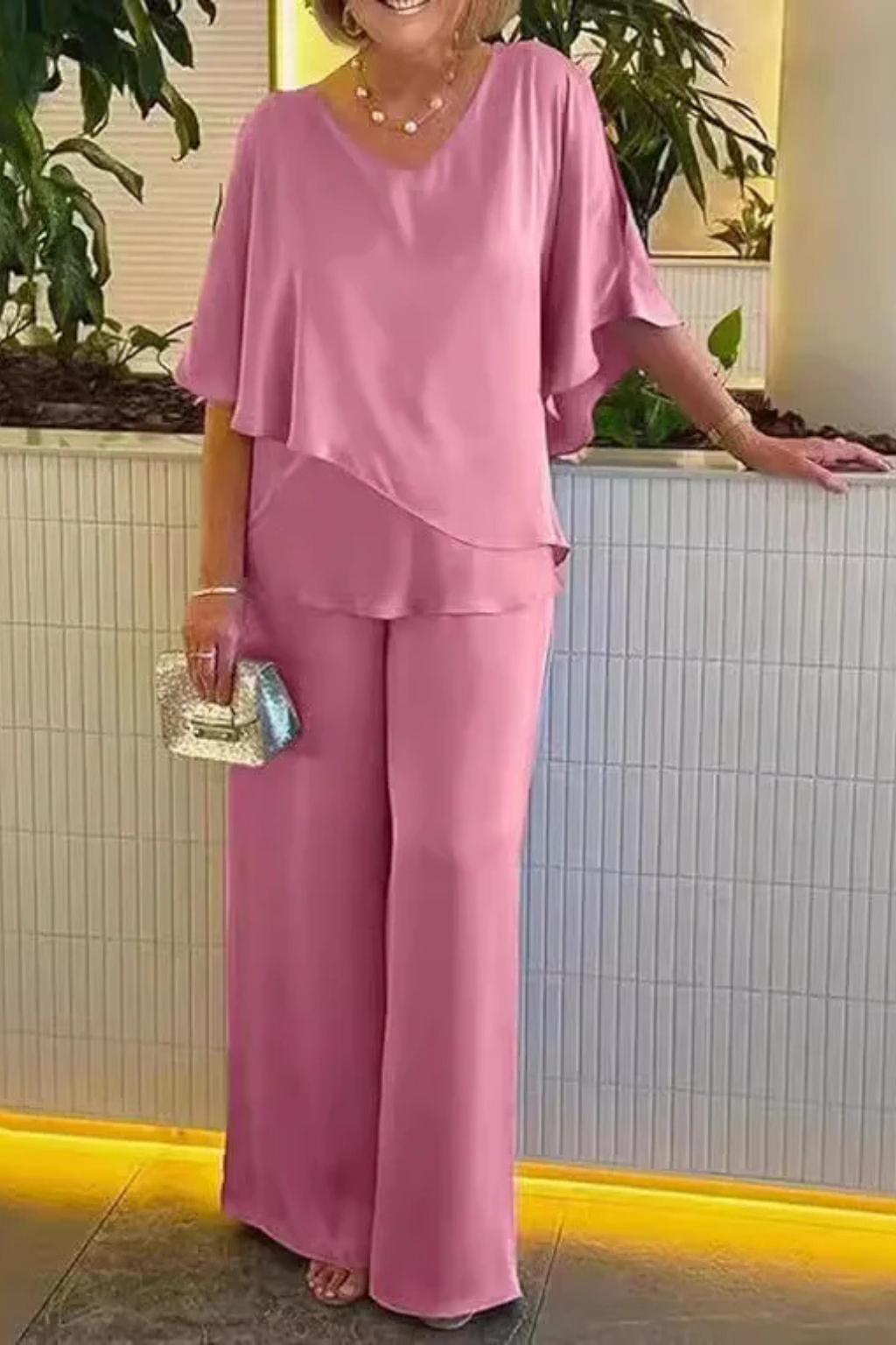 Chiffon Cape V-Neck Top & Wide Leg Trouser Two Piece Set
