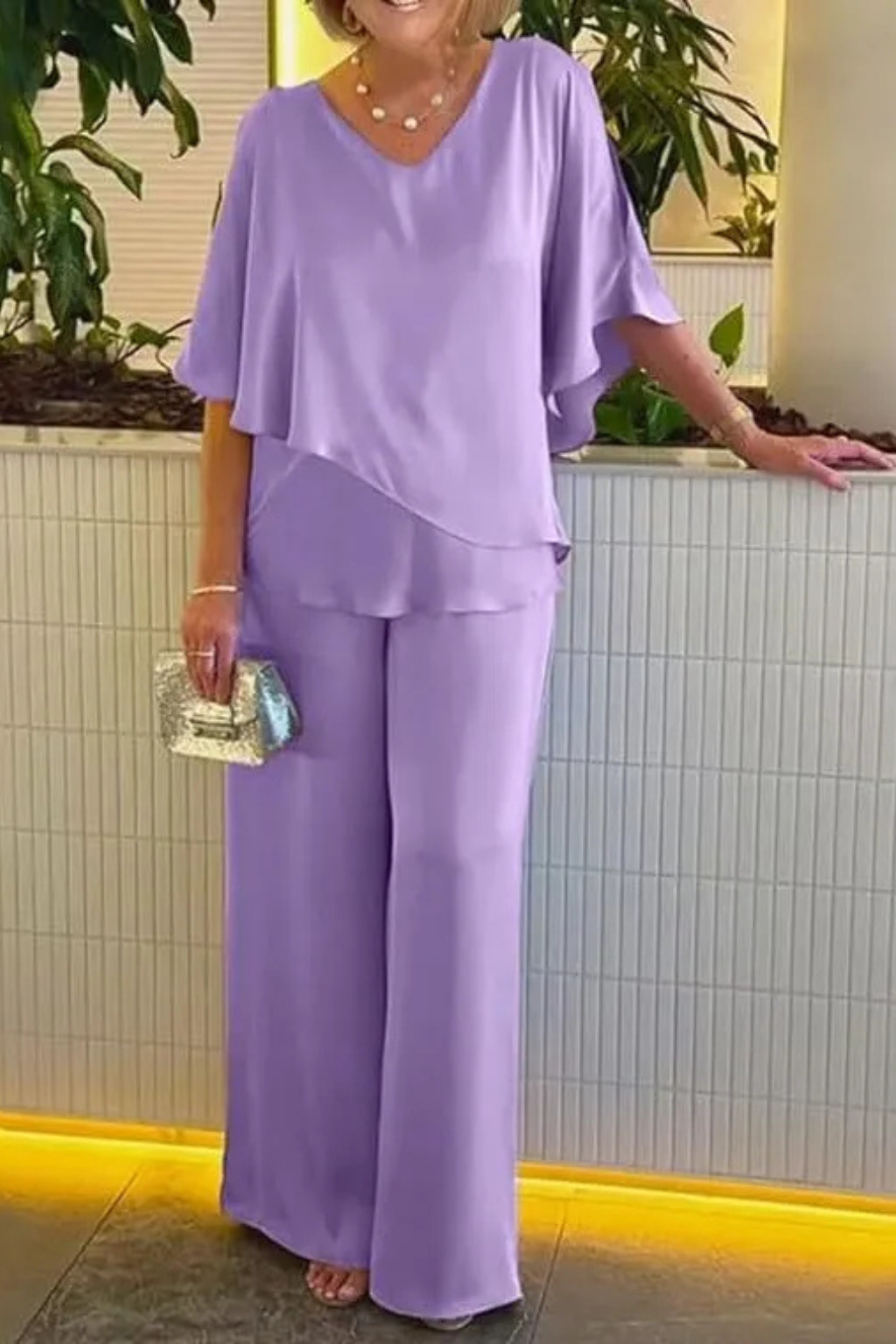 Chiffon Cape V-Neck Top & Wide Leg Trouser Two Piece Set