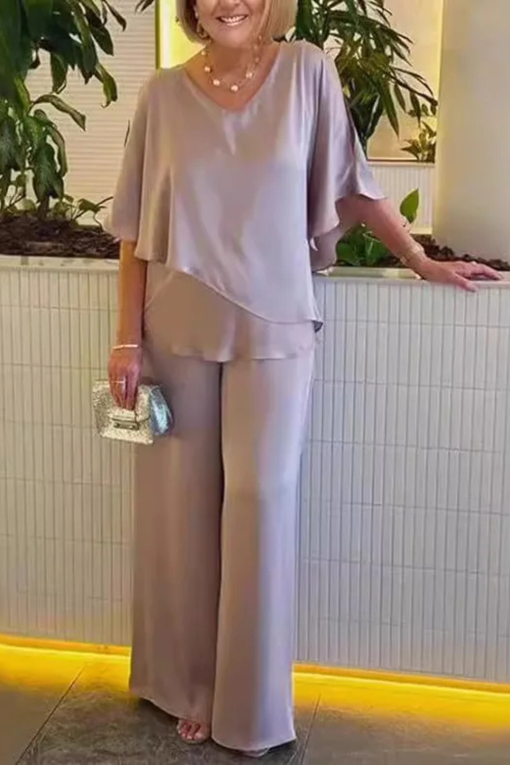 Chiffon Cape V-Neck Top & Wide Leg Trouser Two Piece Set