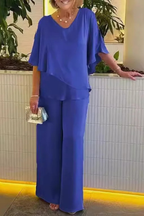 Chiffon Cape V-Neck Top & Wide Leg Trouser Two Piece Set