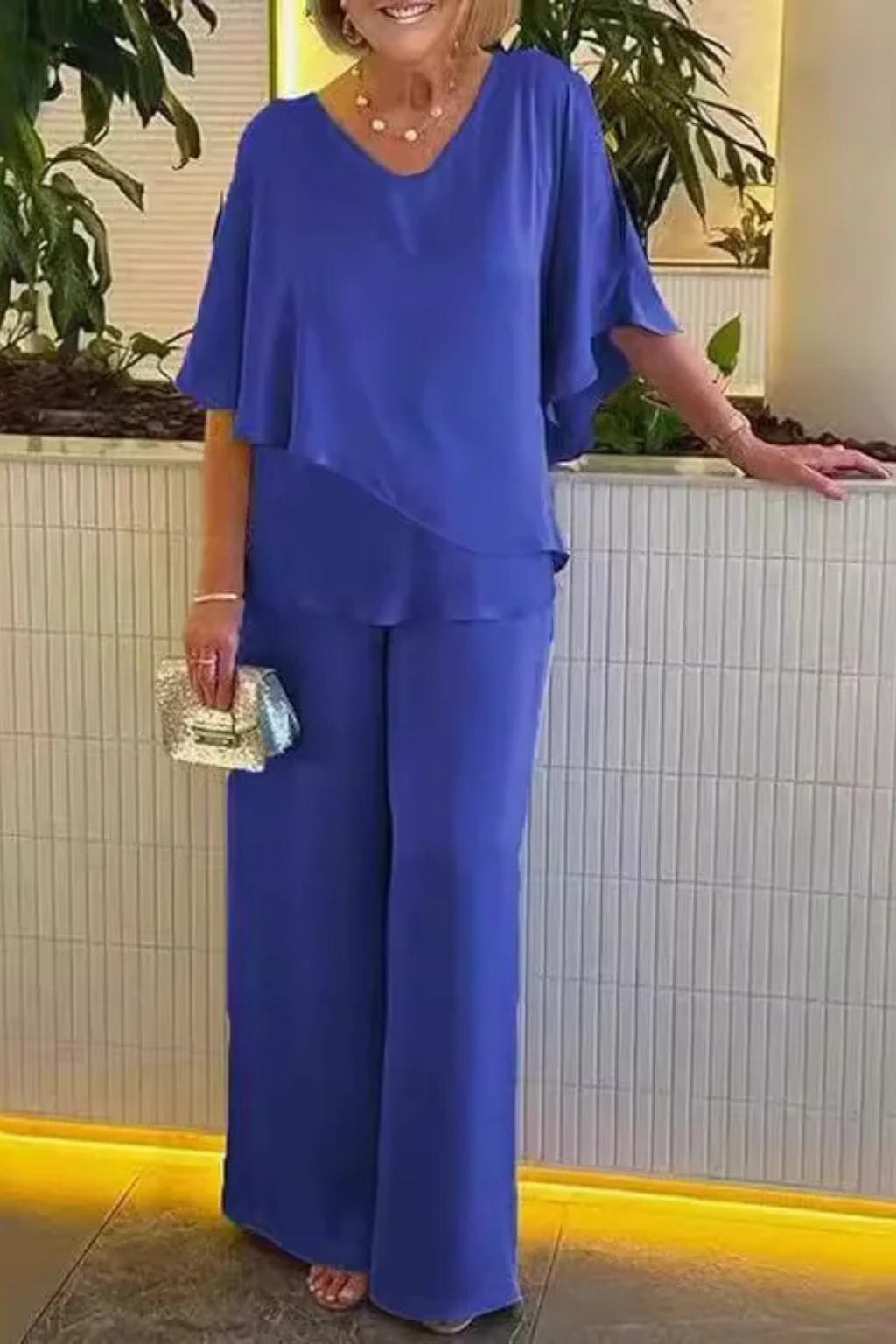 Chiffon Cape V-Neck Top & Wide Leg Trouser Two Piece Set