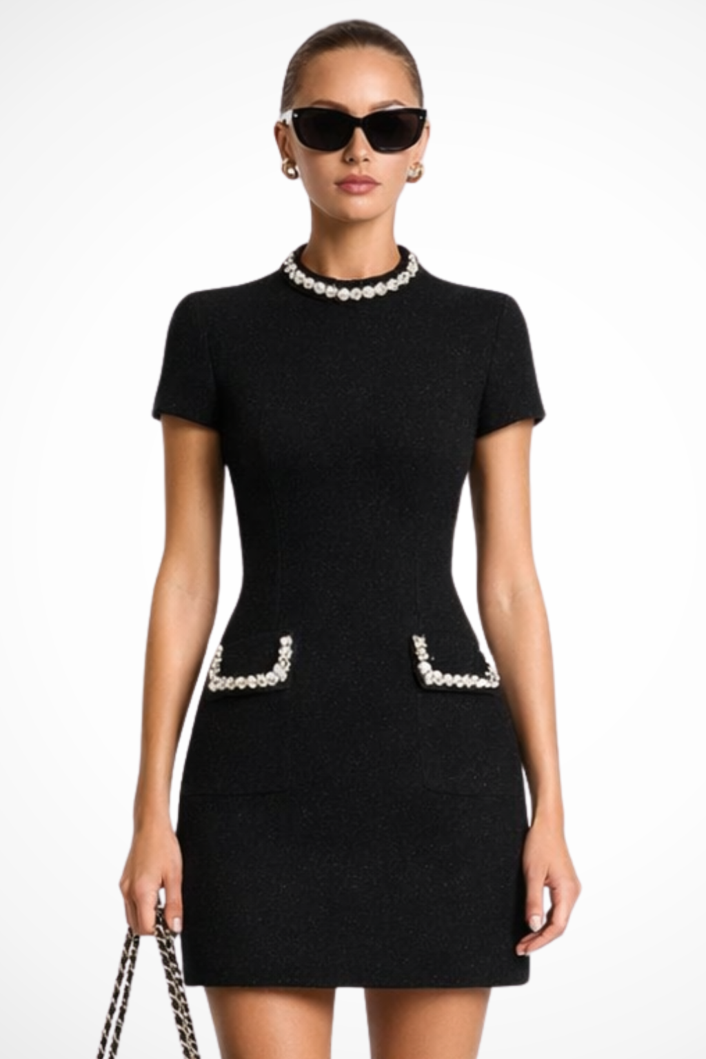 Pearl Trim Tweed Short Sleeve Fitted Bodycon Mini Dress