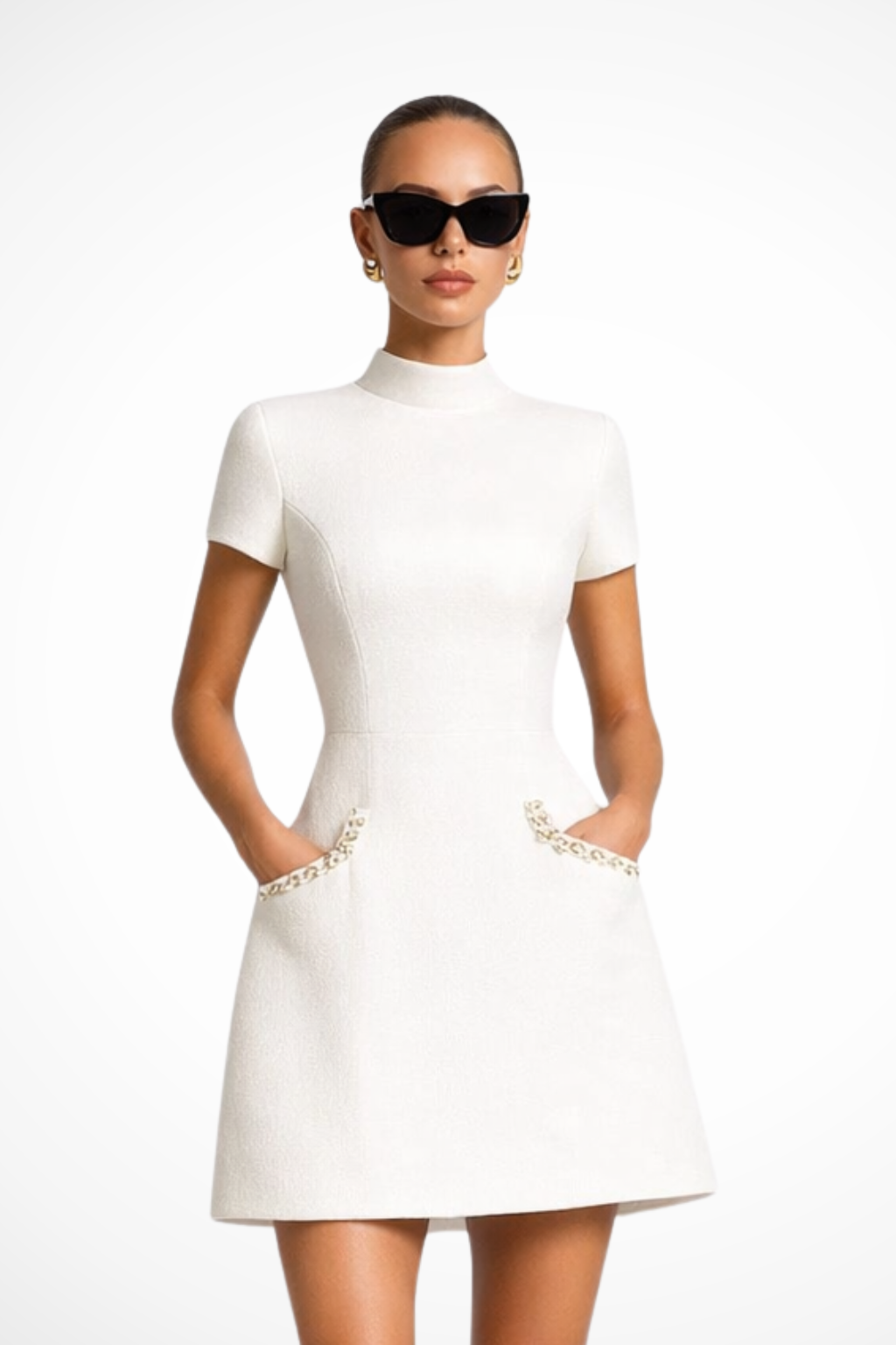 Pearl Trim Tweed Short Sleeve Fitted Bodycon Mini Dress