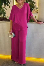Chiffon Cape V-Neck Top & Wide Leg Trouser Two Piece Set