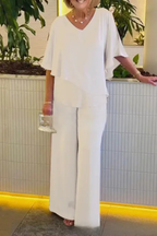 Chiffon Cape V-Neck Top & Wide Leg Trouser Two Piece Set