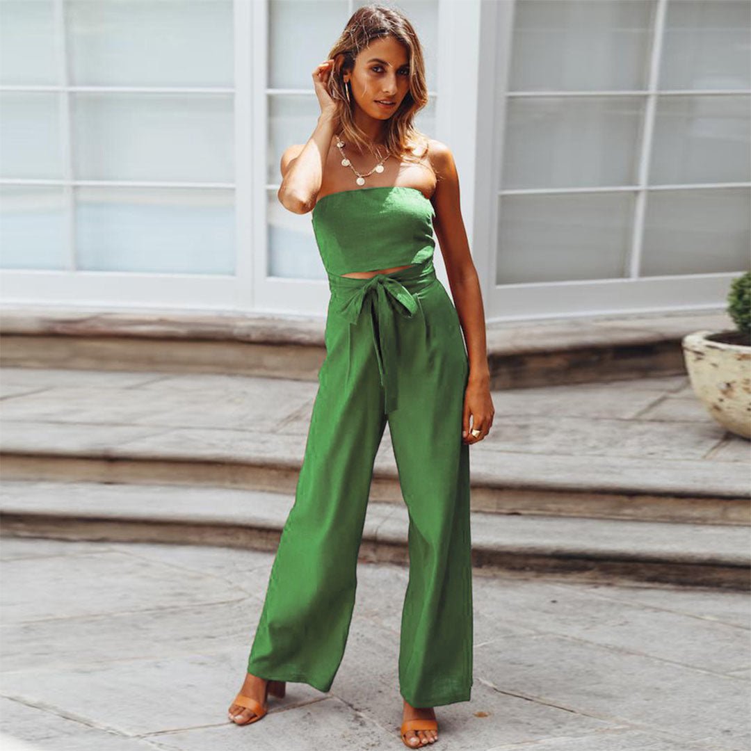 Strapless Bandeau Tie Waist Flowy Wide Leg Jumpsuit