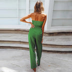 Strapless Bandeau Tie Waist Flowy Wide Leg Jumpsuit