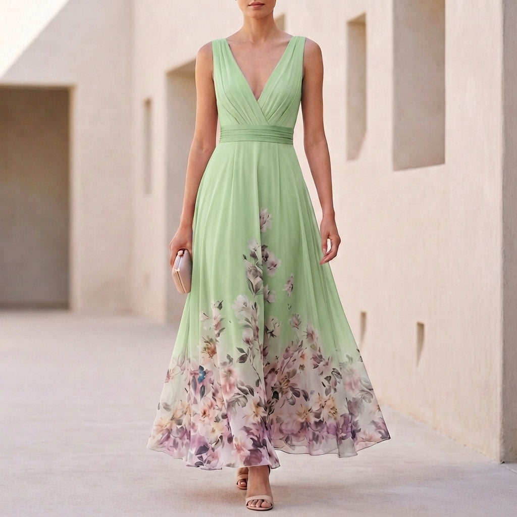 Floral Border Print Ruched V-Neck Chiffon Maxi Dress - Wedding Guest