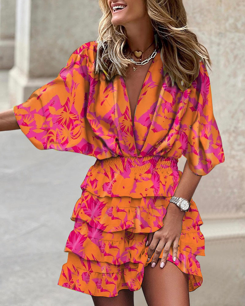 Abstract Print Smocked Waist Tiered Ruffle Mini Dresses
