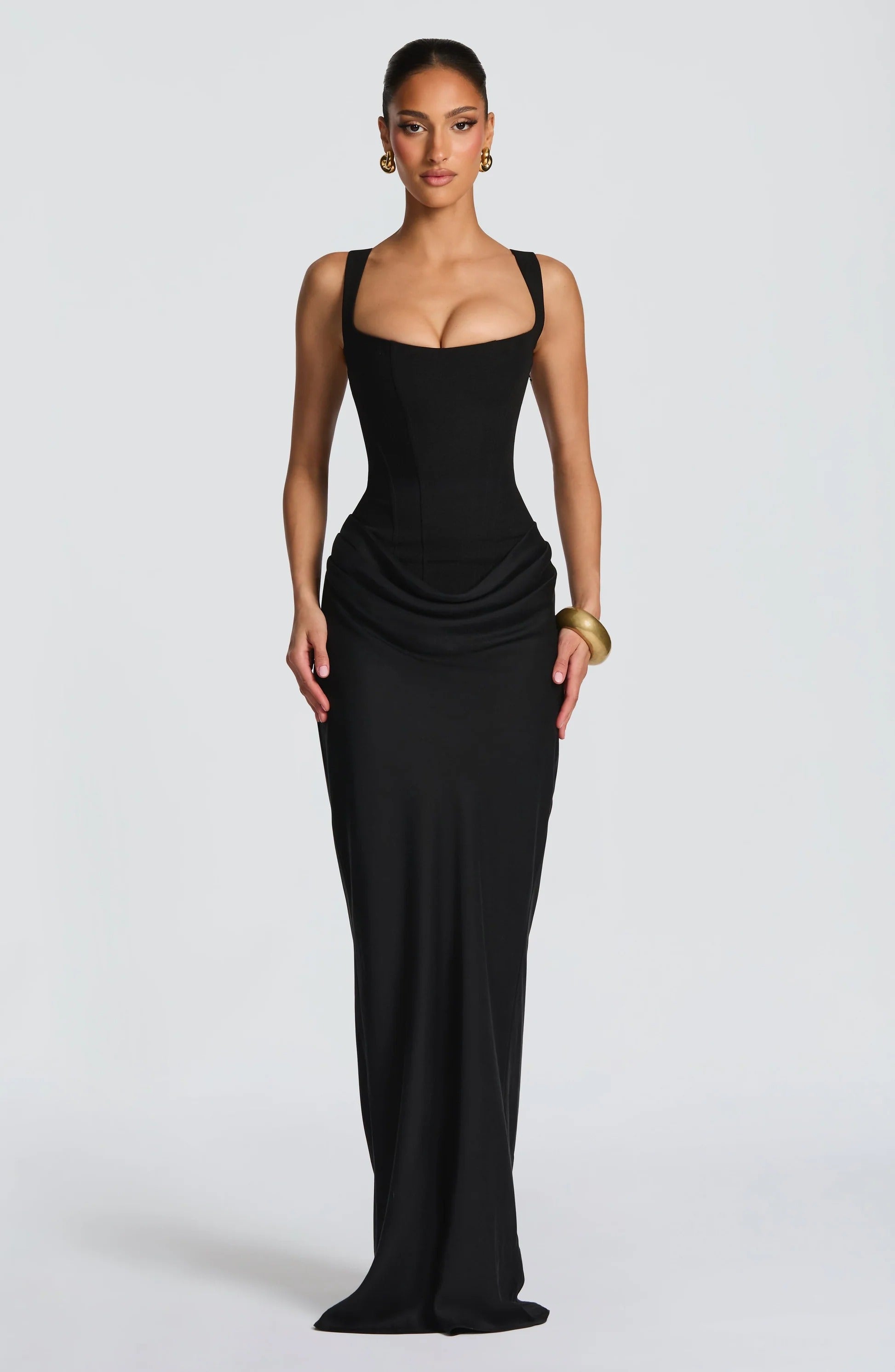 Square Neck Side Ruched Bodycon Maxi Dress - Formal Evening Gown