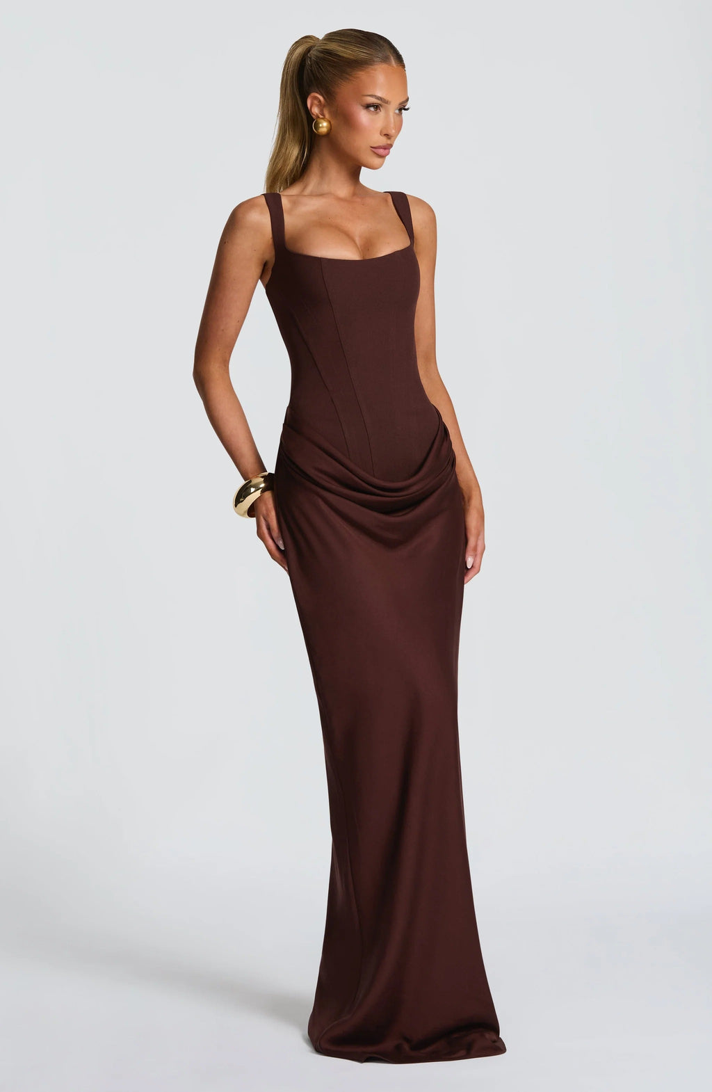 Square Neck Side Ruched Bodycon Maxi Dress - Formal Evening Gown