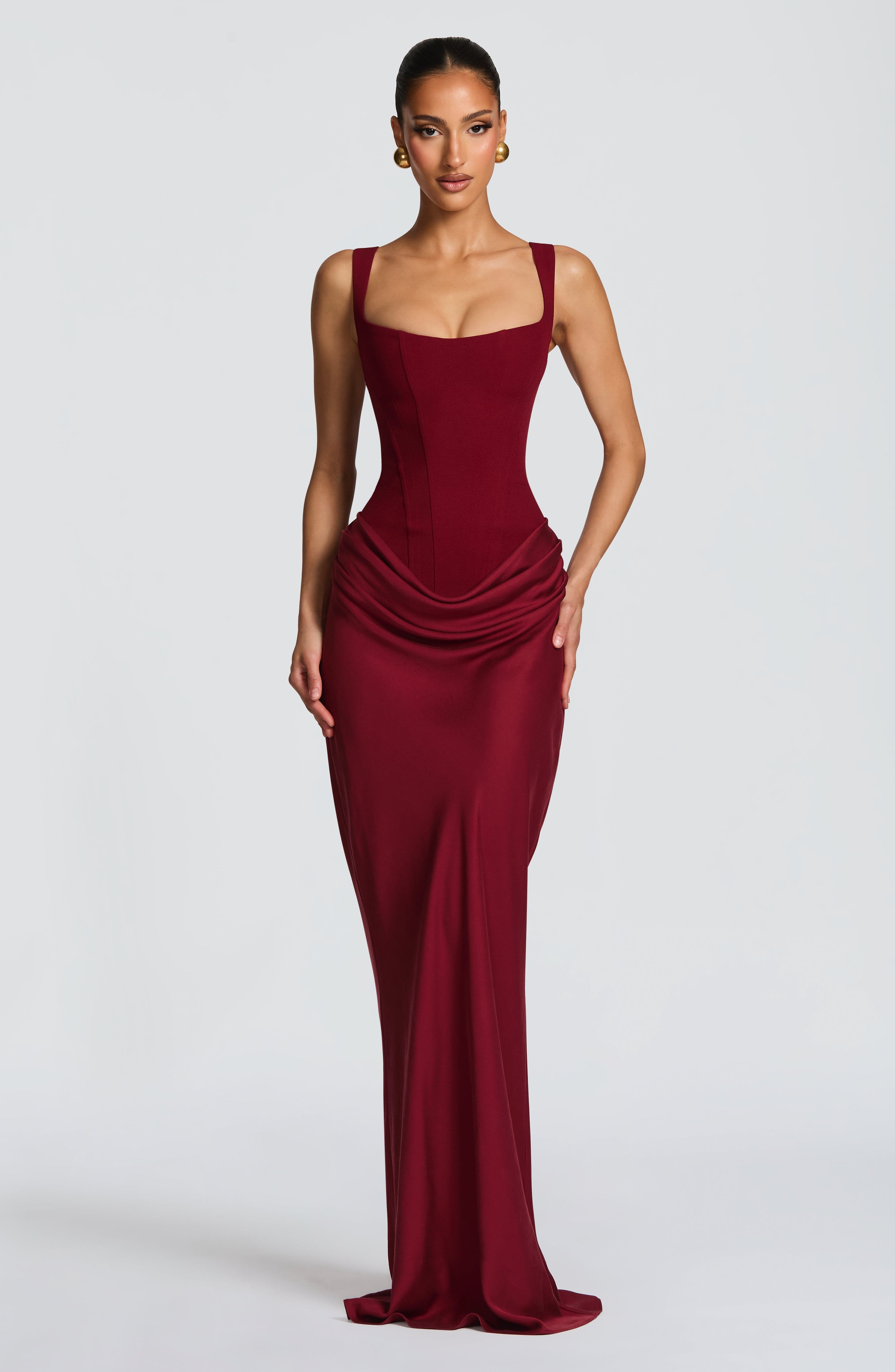 Square Neck Side Ruched Bodycon Maxi Dress - Formal Evening Gown