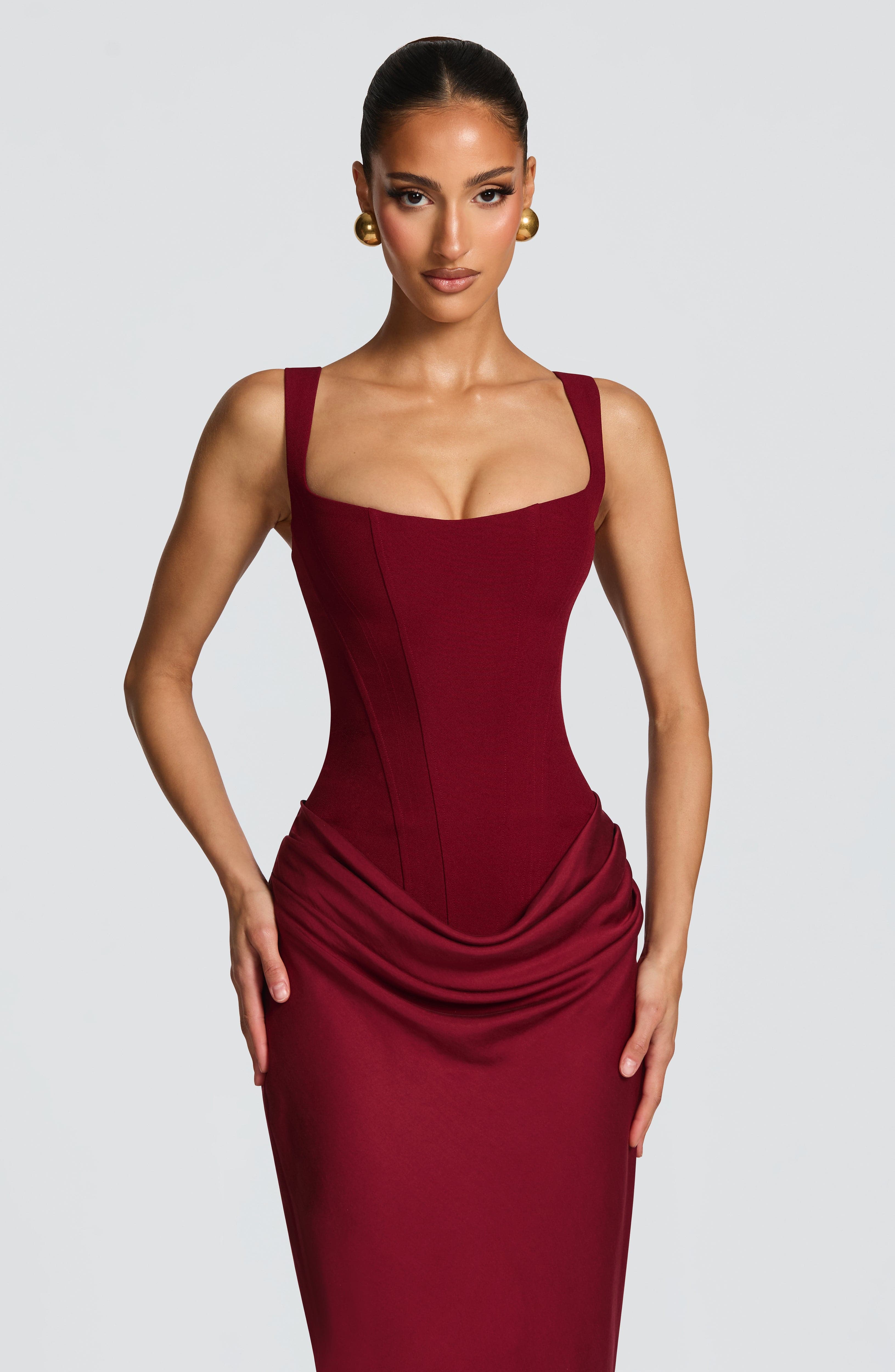 Square Neck Side Ruched Bodycon Maxi Dress - Formal Evening Gown