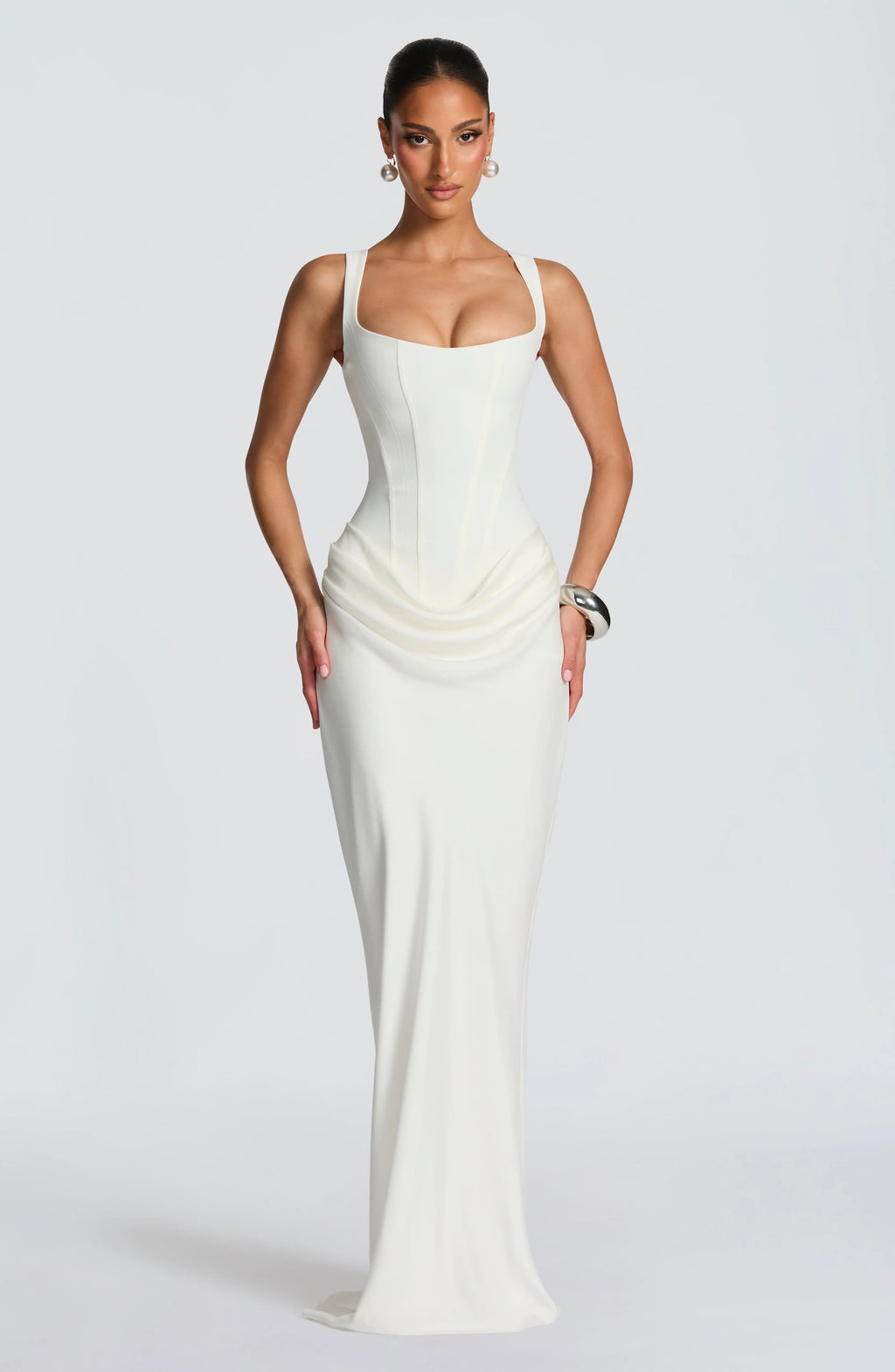 Square Neck Side Ruched Bodycon Maxi Dress - Formal Evening Gown