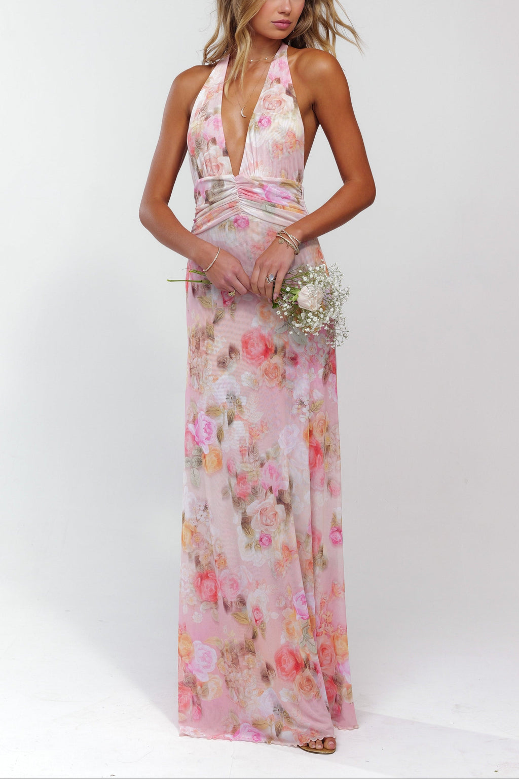 Floral Halter Deep V Neck Ruched Waist Maxi Dress - Wedding Guest